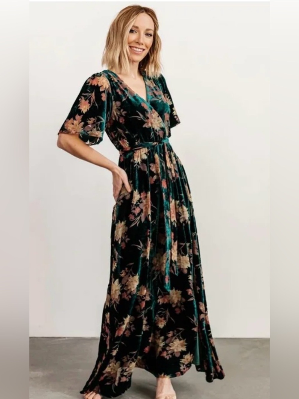 Baltic Born Dark Green Floral Velvet Wrap Maxi Dress